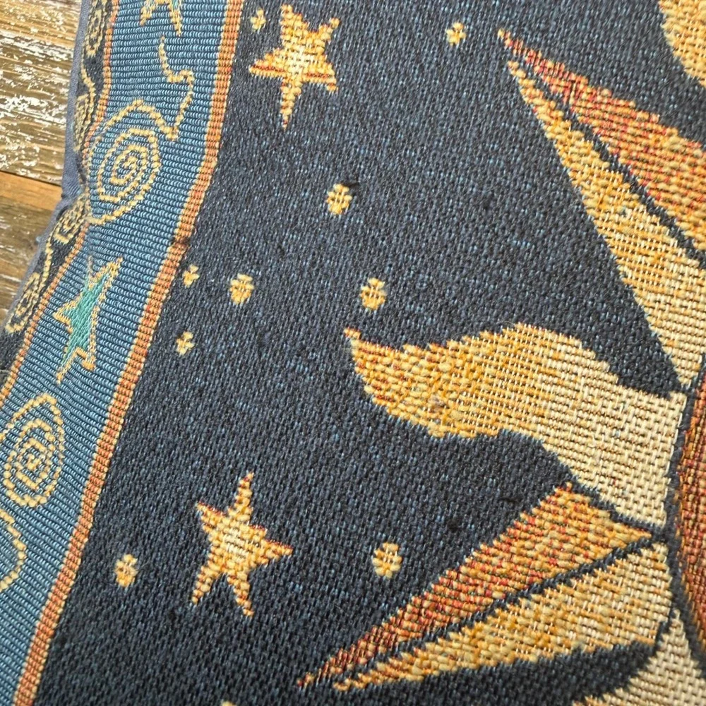 Vintage Celestial Sun Moon Stars Tapestry Pillow Whimsical Navy Blue 90s Boho